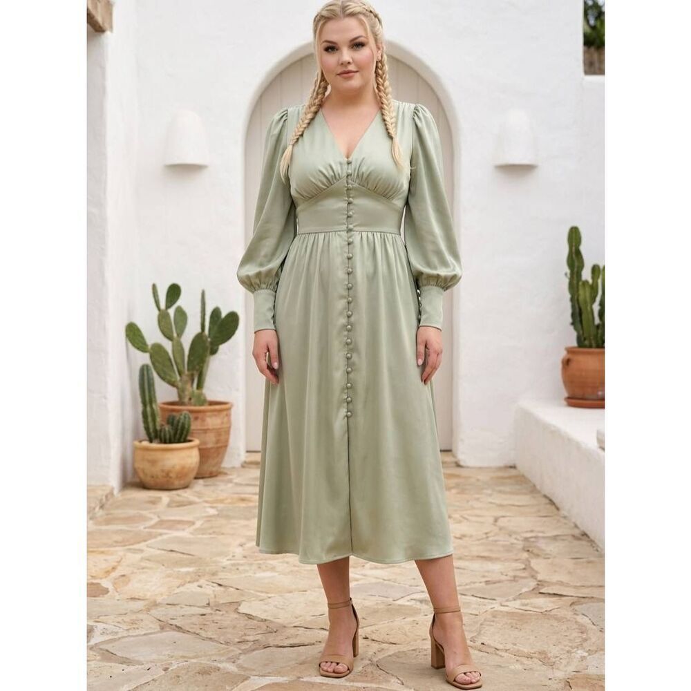 🔸️NWT Sage Green Vneck Button Front Long Lantern Sleeve Dress 5X